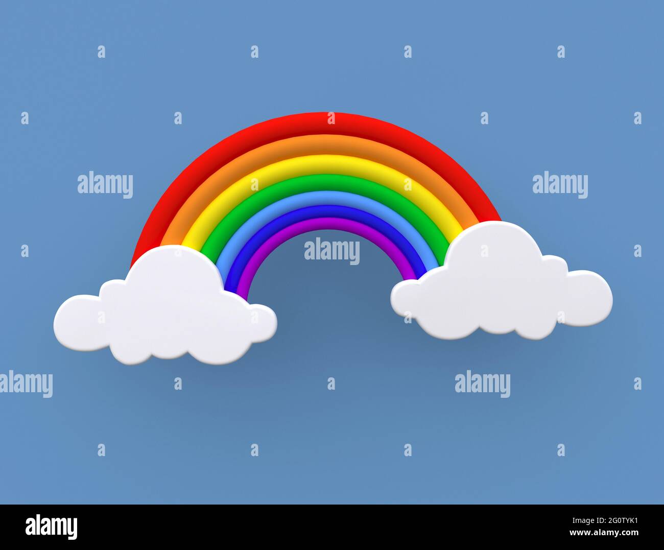Arcobaleno. Sfondo blu con nuvole. Arcobaleno multicolore contro un cielo blu. Concetto per tempo, vacanze estive, comunità LGBTQ. Disposizione piatta. 3d ren Foto Stock