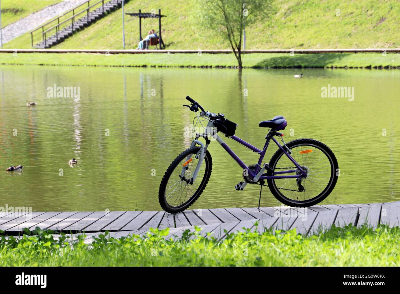 Bicicletta parcheggiata sulla riva del lago con anatre. Viaggio sulla natura e il tempo libero nel parco estivo Foto Stock