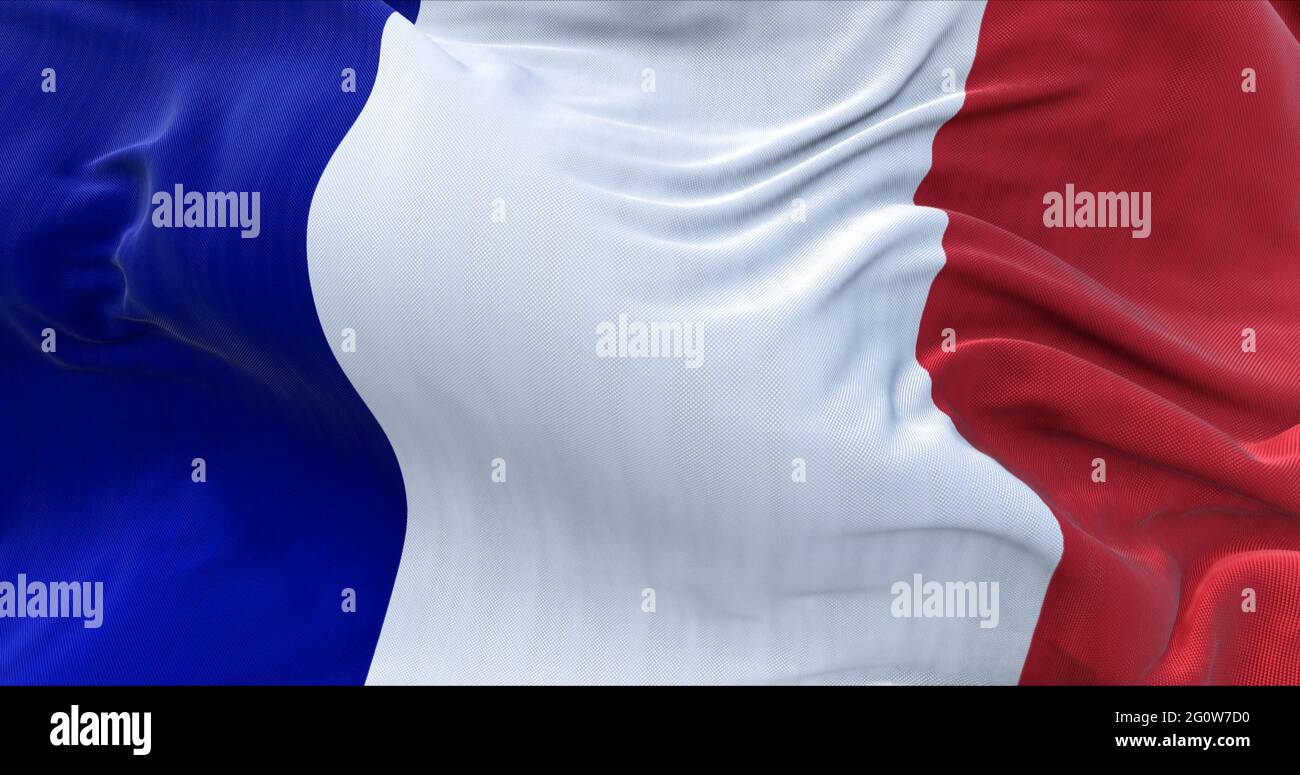 Particolare della bandiera nazionale della Francia che batte nel vento. Democrazia e politica. Paese europeo. Foto Stock