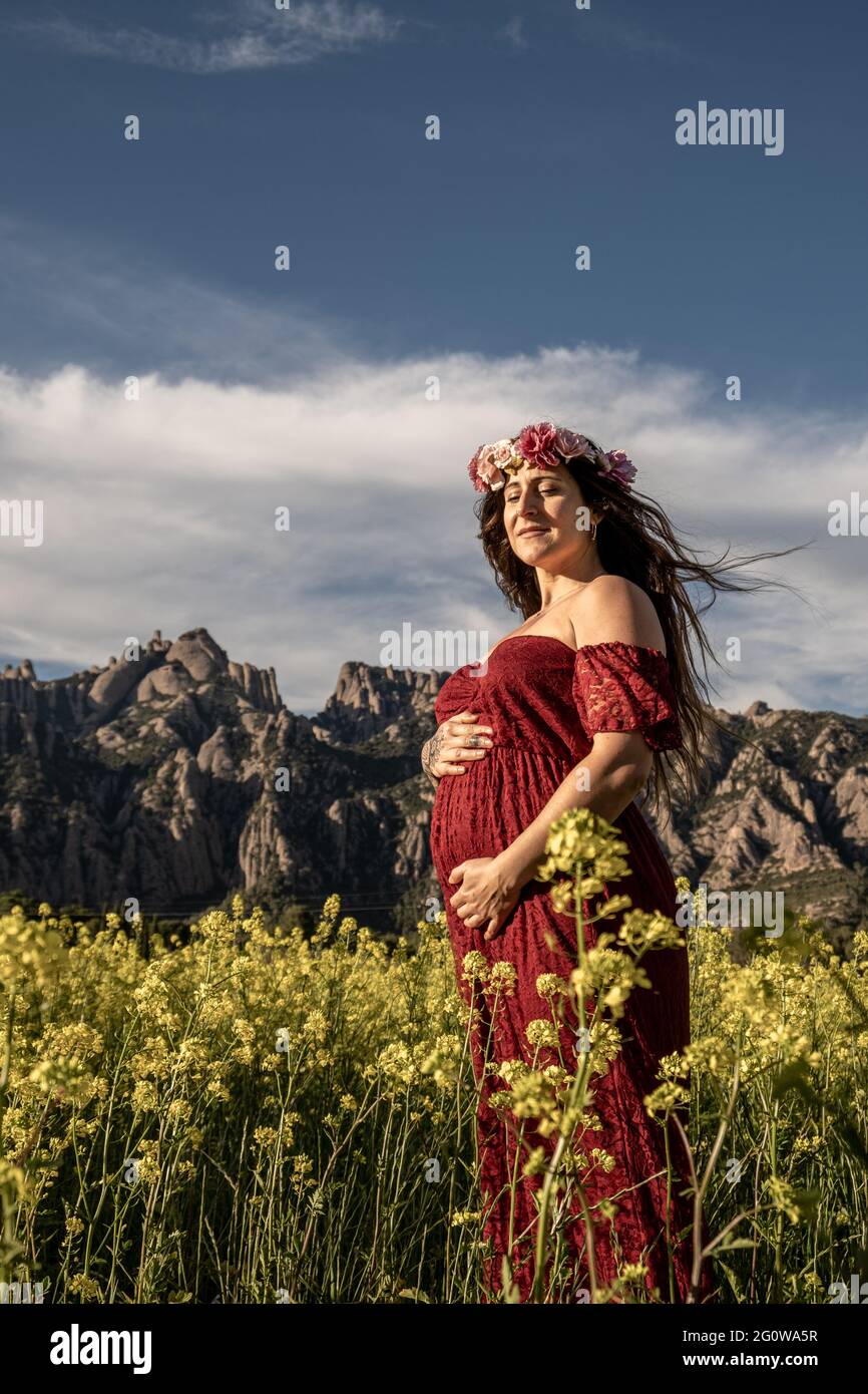 39-year-old ragazza incinta in abito rosso tra campo di fiori gialli Foto Stock