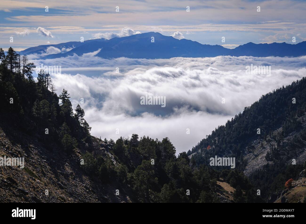 Nebbia in fondo alla valle della Cerdanya, vista dal circo Engorgs. Sullo sfondo, la cima Tosa d'Alp, Cerdanya, Catalogna, Spagna, Pirenei Foto Stock