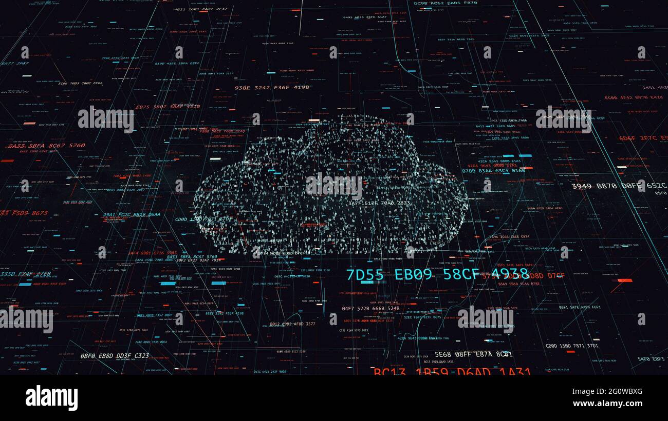 Illustrazione 3D, simbolo della tecnologia cloud nel mondo digitale moderno con codici hash casuali e altri rumori digitali intorno al simbolo del cloud binario Foto Stock