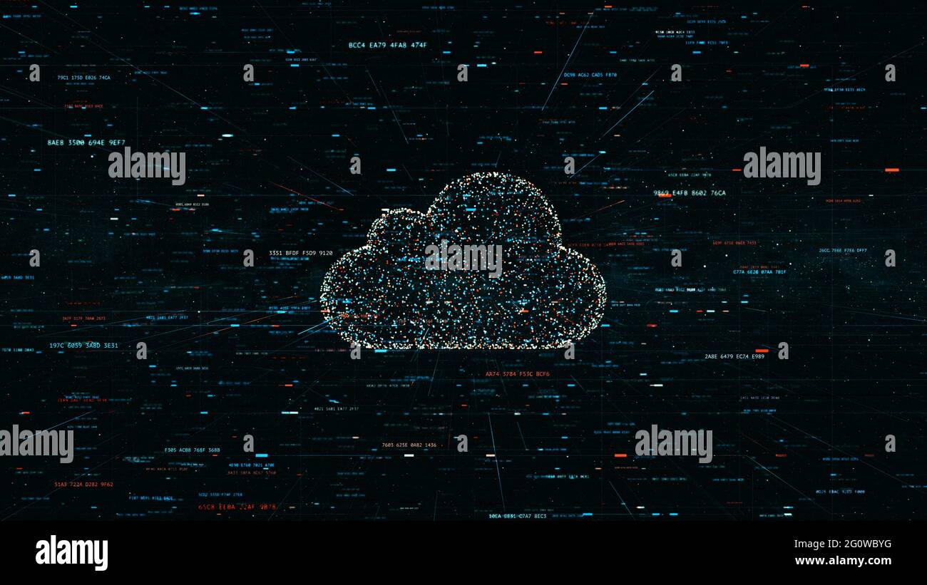 Illustrazione 3D, simbolo della tecnologia cloud nel mondo digitale moderno con codici hash casuali e altri rumori digitali intorno al simbolo del cloud Foto Stock