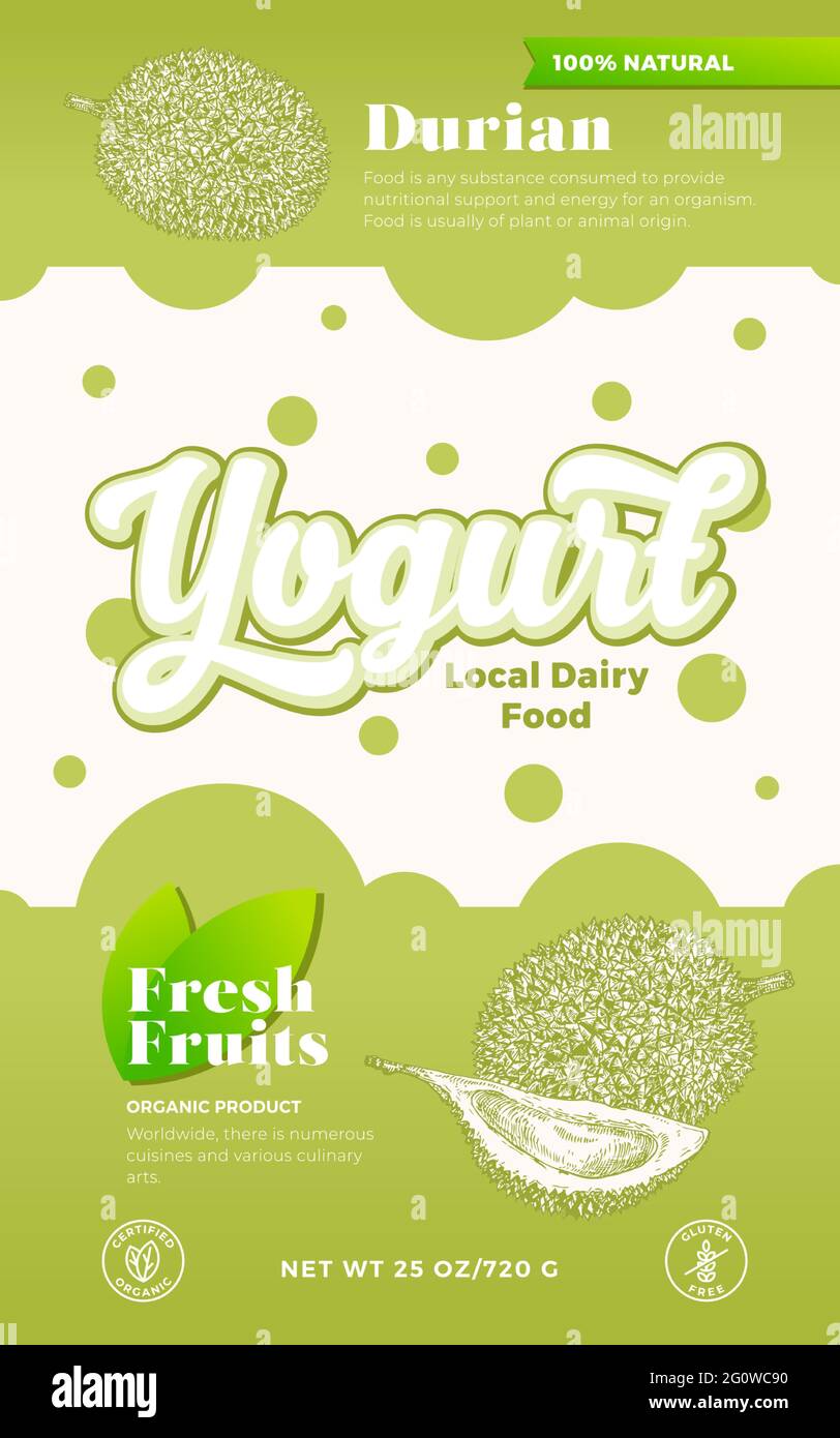 Frutta e yogurt Berries modello etichetta. Layout di progettazione astratto di Vector Dairy Packaging. Modern Typography Banner con bolle e Drawn Durian a mano Illustrazione Vettoriale