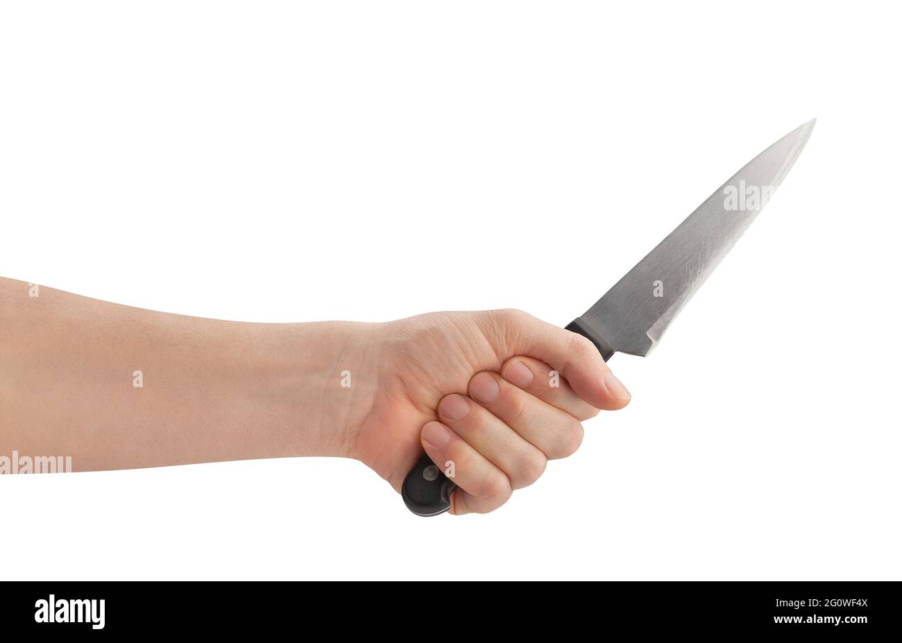 coltello da cucina in mano percorso isolato su bianco Foto Stock