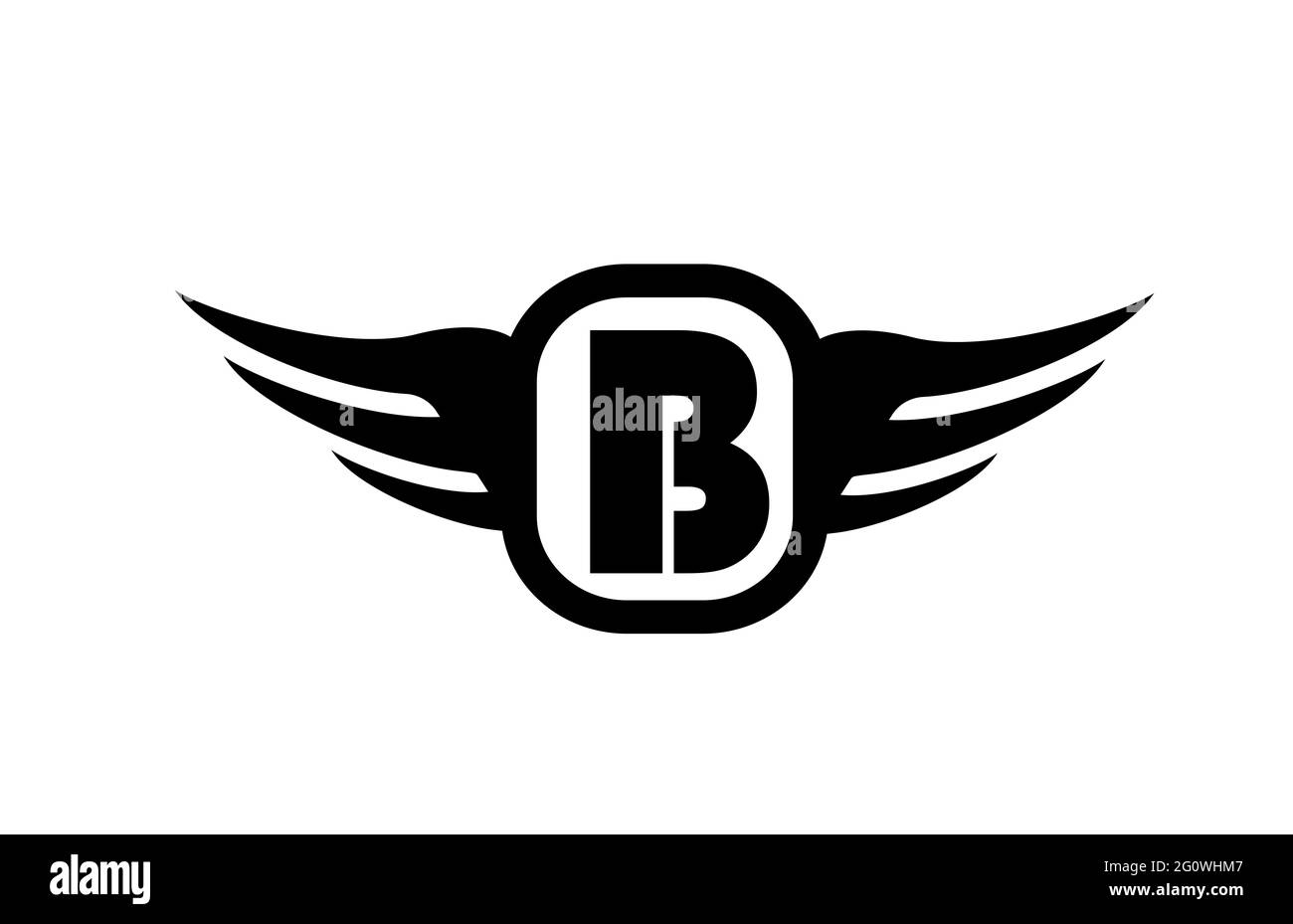 Logo lettera b alfabeto per aziende e aziende con ali e colore bianco e nero. La sfumatura aziendale e la scritta con icone con un design semplice Foto Stock