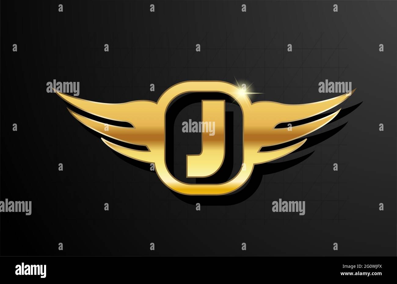 J lettera d'oro alfabeto logo per aziende e società di colore giallo. Doratura aziendale e scritte con design e ali in metallo dorato Foto Stock