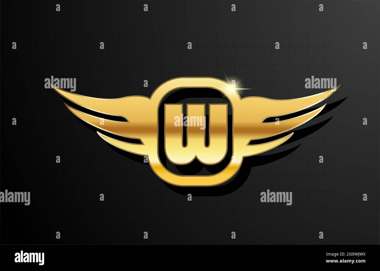 Lettera d'oro lettera alfabeto logo per aziende e società di colore giallo. Doratura aziendale e scritte con design e ali in metallo dorato Foto Stock