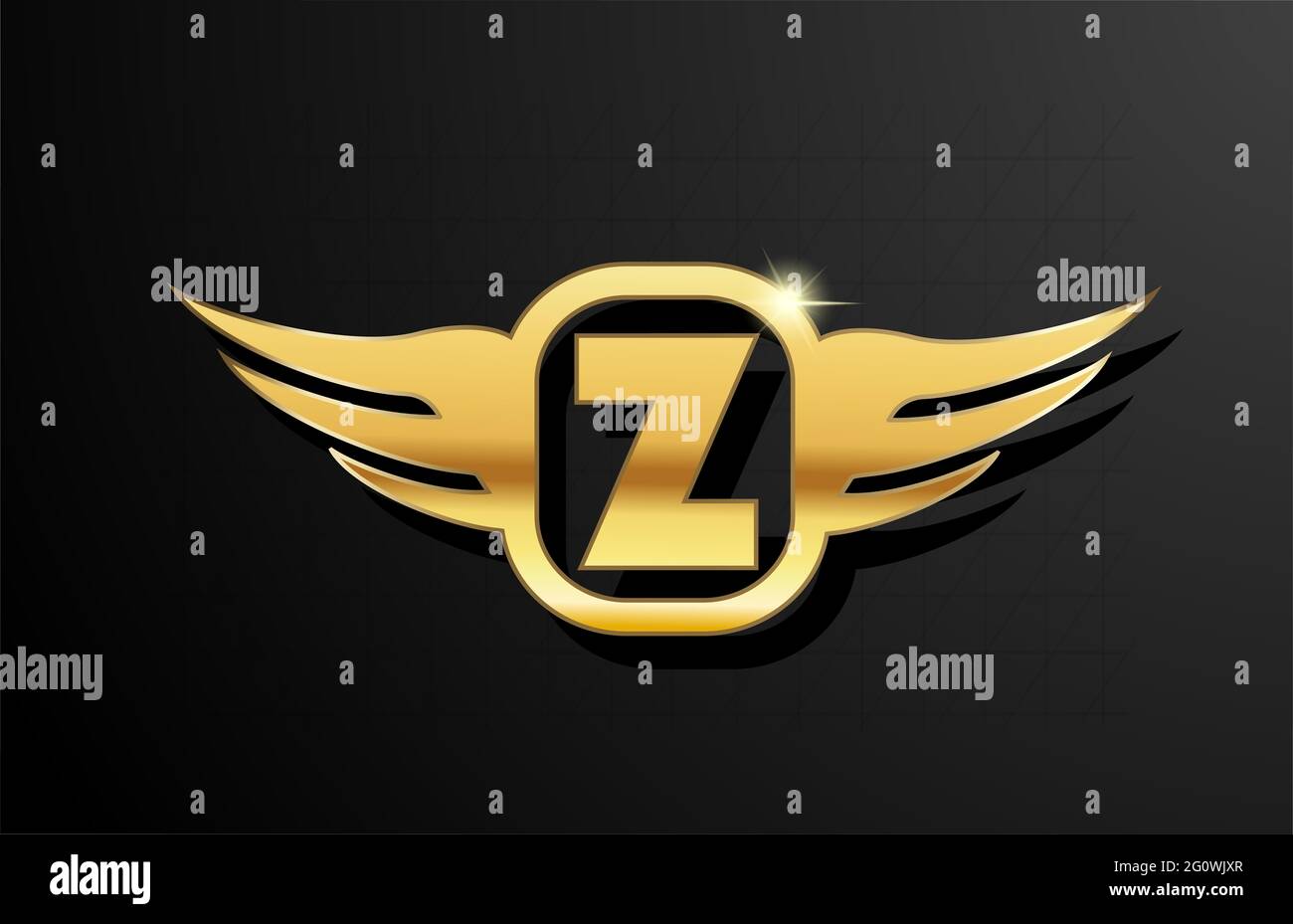 Lettera d'oro Z alfabeto logo per aziende e società di colore giallo. Doratura aziendale e scritte con design e ali in metallo dorato Foto Stock