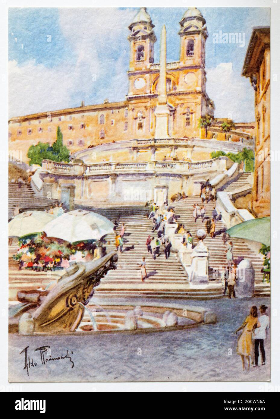 Vintage Aquarello Cartoline di Roma di Aldo Raimondi - Piazza di Spagna Foto Stock