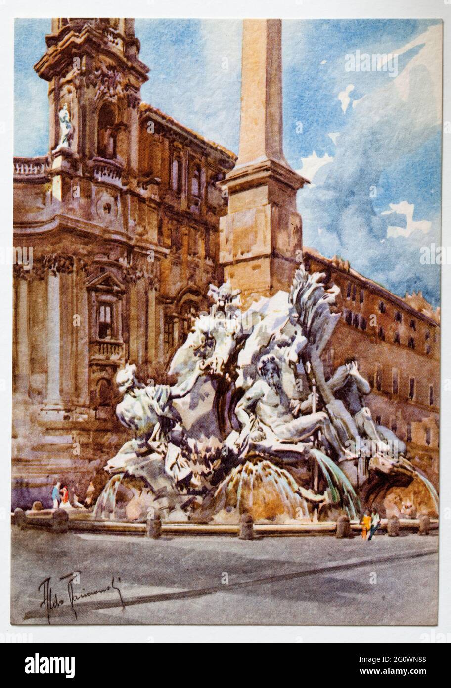 Aquarello d'epoca Cartoline di Roma di Aldo Raimondi - Piazza Navona Foto Stock