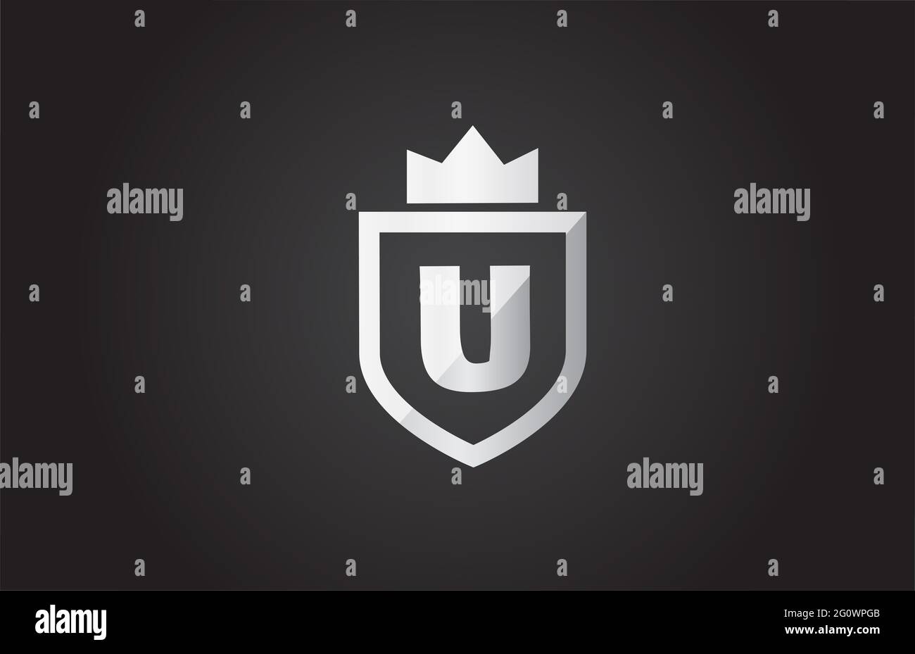 U icona del logo con lettera alfabetica in nero e grigio. Shield design per l'identità dell'azienda con la corona del re Foto Stock