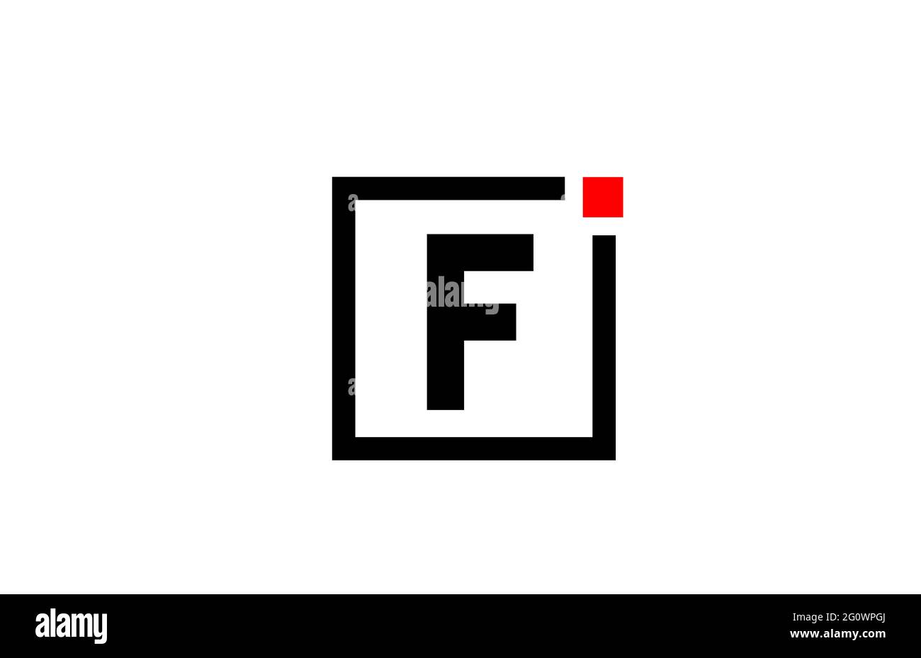 Logo con l'icona lettera dell'alfabeto F in bianco e nero. Design aziendale e aziendale con punto quadrato e rosso. Modello di identità aziendale creativa Foto Stock