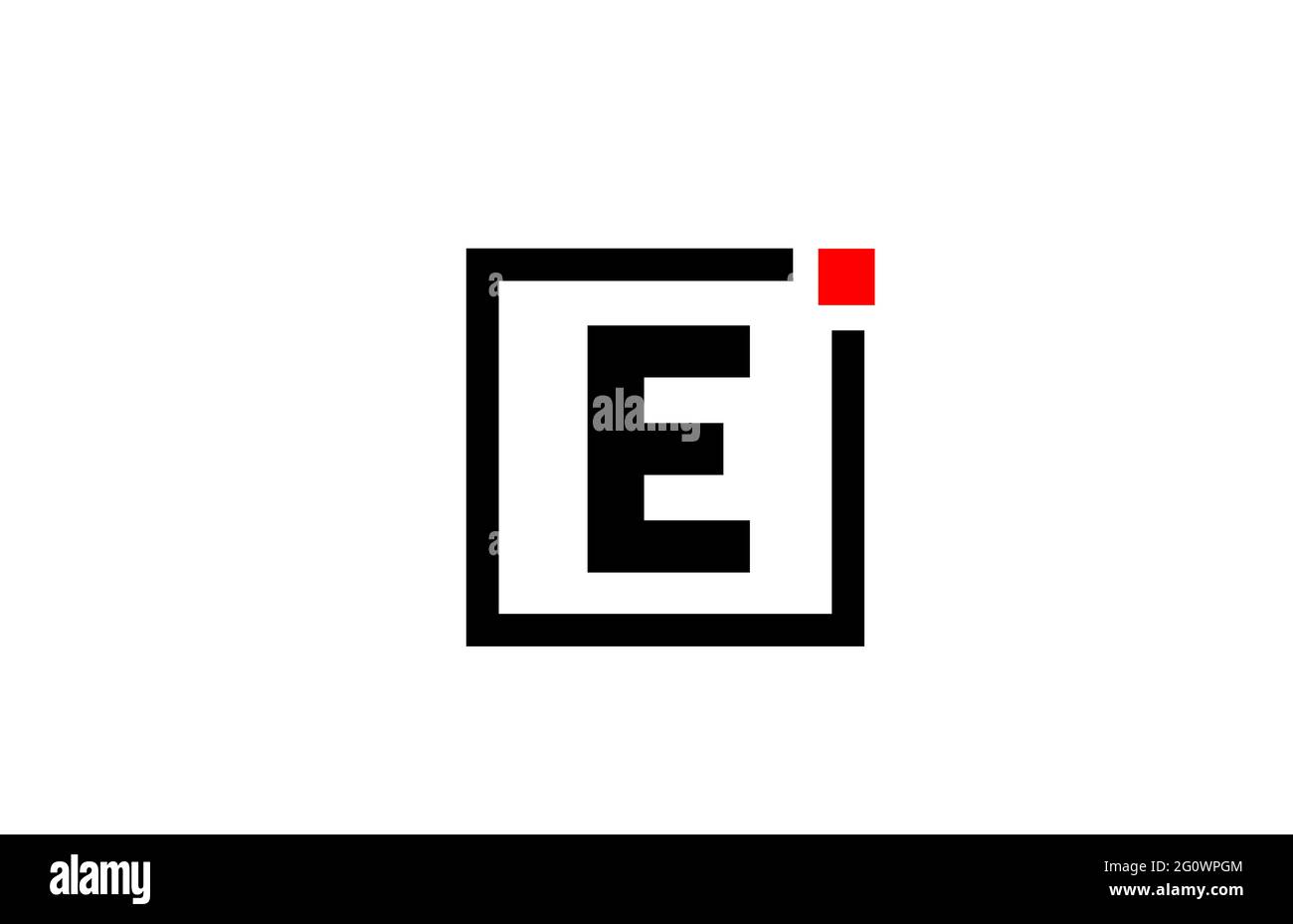 E Logo con l'icona della lettera alfabetica in bianco e nero. Design aziendale e aziendale con punto quadrato e rosso. Modello di identità aziendale creativa Foto Stock