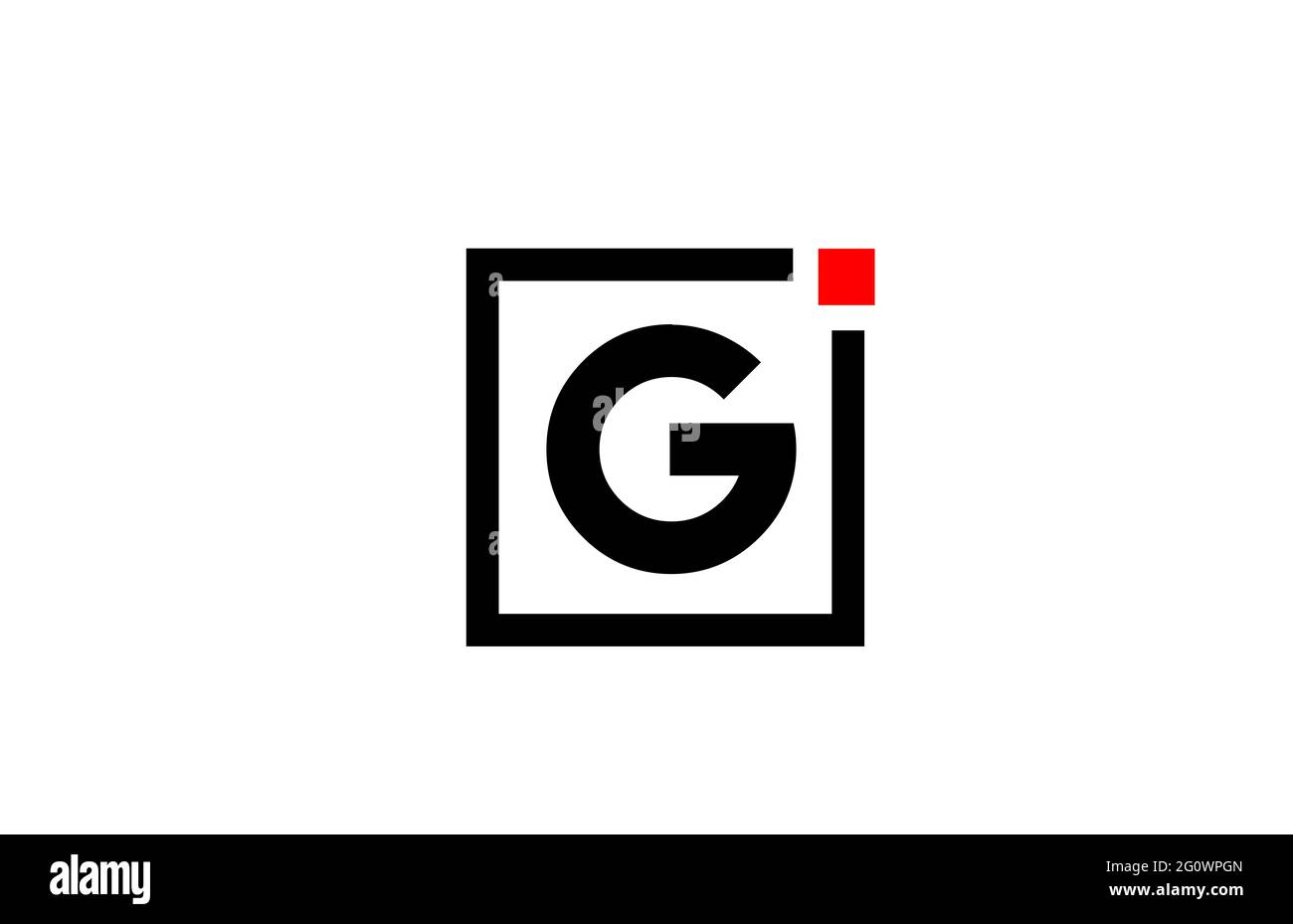 Logo dell'icona lettera dell'alfabeto G in bianco e nero. Design aziendale e aziendale con punto quadrato e rosso. Modello di identità aziendale creativa Foto Stock