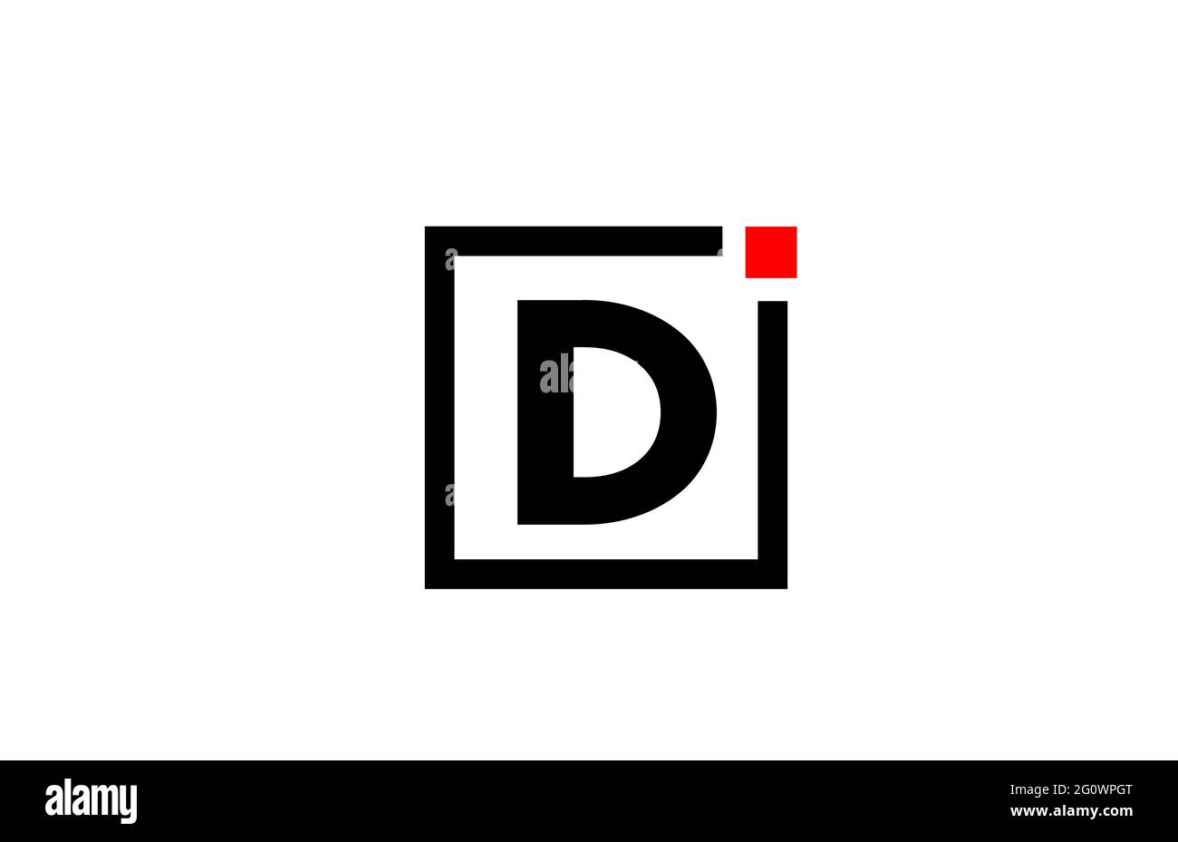 Logo con l'icona della lettera d in bianco e nero. Design aziendale e aziendale con punto quadrato e rosso. Modello di identità aziendale creativa Foto Stock