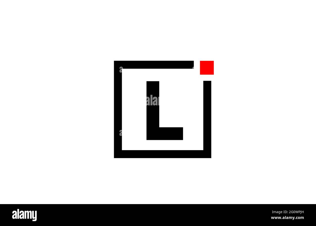 L logo dell'icona della lettera alfabetica in bianco e nero. Design aziendale e aziendale con punto quadrato e rosso. Modello di identità aziendale creativa Foto Stock