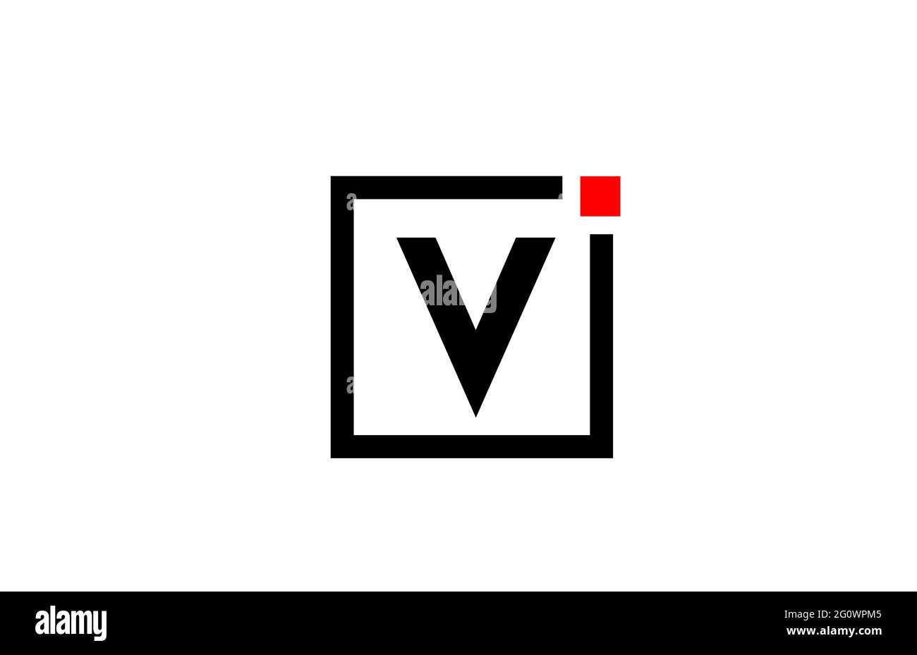 Logo dell'icona lettera V in bianco e nero. Design aziendale e aziendale con punto quadrato e rosso. Modello di identità aziendale creativa Foto Stock
