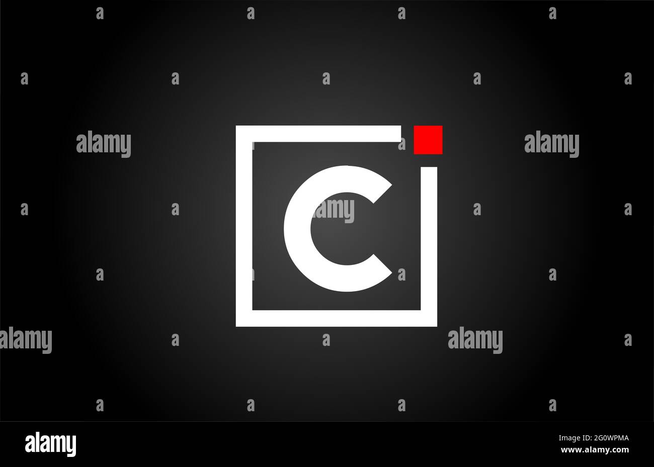 Logo con l'icona della lettera C in bianco e nero. Design aziendale e aziendale con punto quadrato e rosso. Modello di identità aziendale creativa Foto Stock
