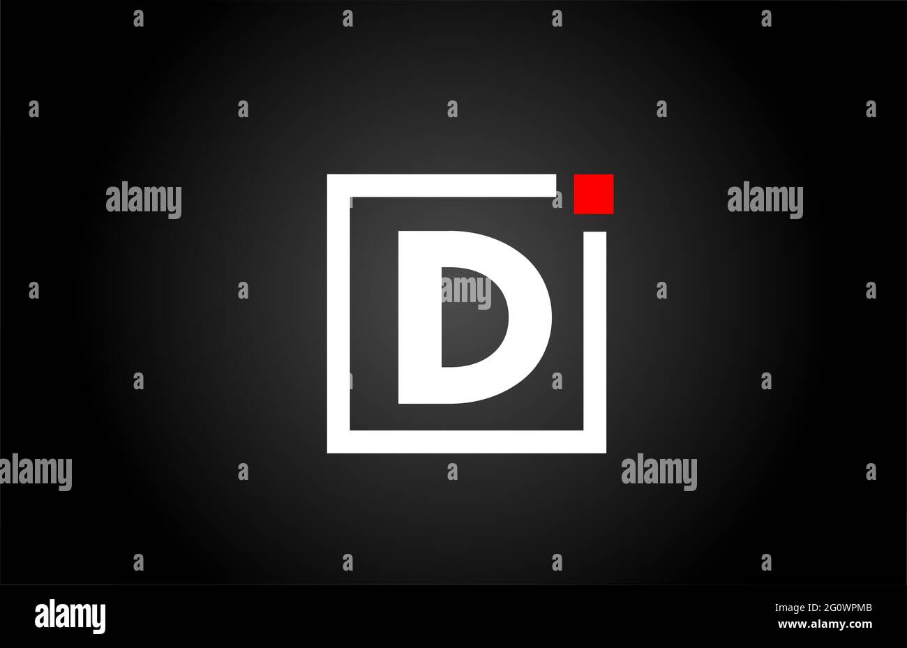 Logo con l'icona lettera dell'alfabeto D in bianco e nero. Design aziendale e aziendale con punto quadrato e rosso. Modello di identità aziendale creativa Foto Stock