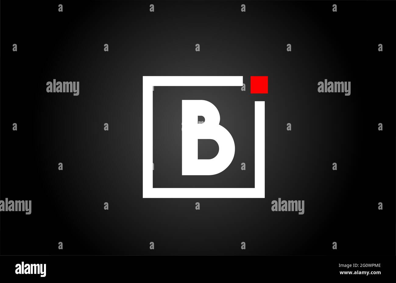 Logo con l'icona della lettera B in bianco e nero. Design aziendale e aziendale con punto quadrato e rosso. Modello di identità aziendale creativa Foto Stock