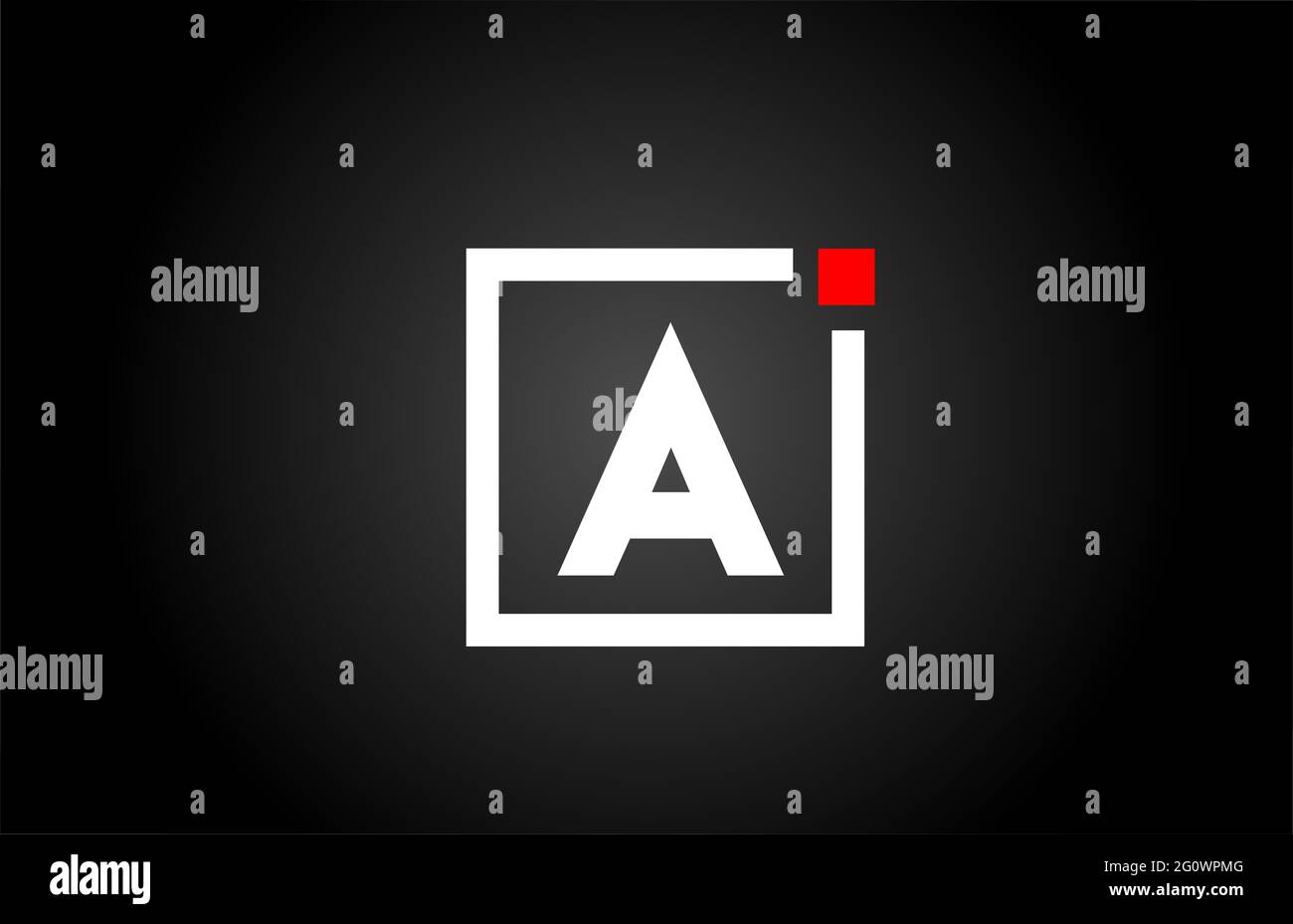 Un logo con l'icona di una lettera alfabetica in bianco e nero. Design aziendale e aziendale con punto quadrato e rosso. Modello di identità aziendale creativa Foto Stock