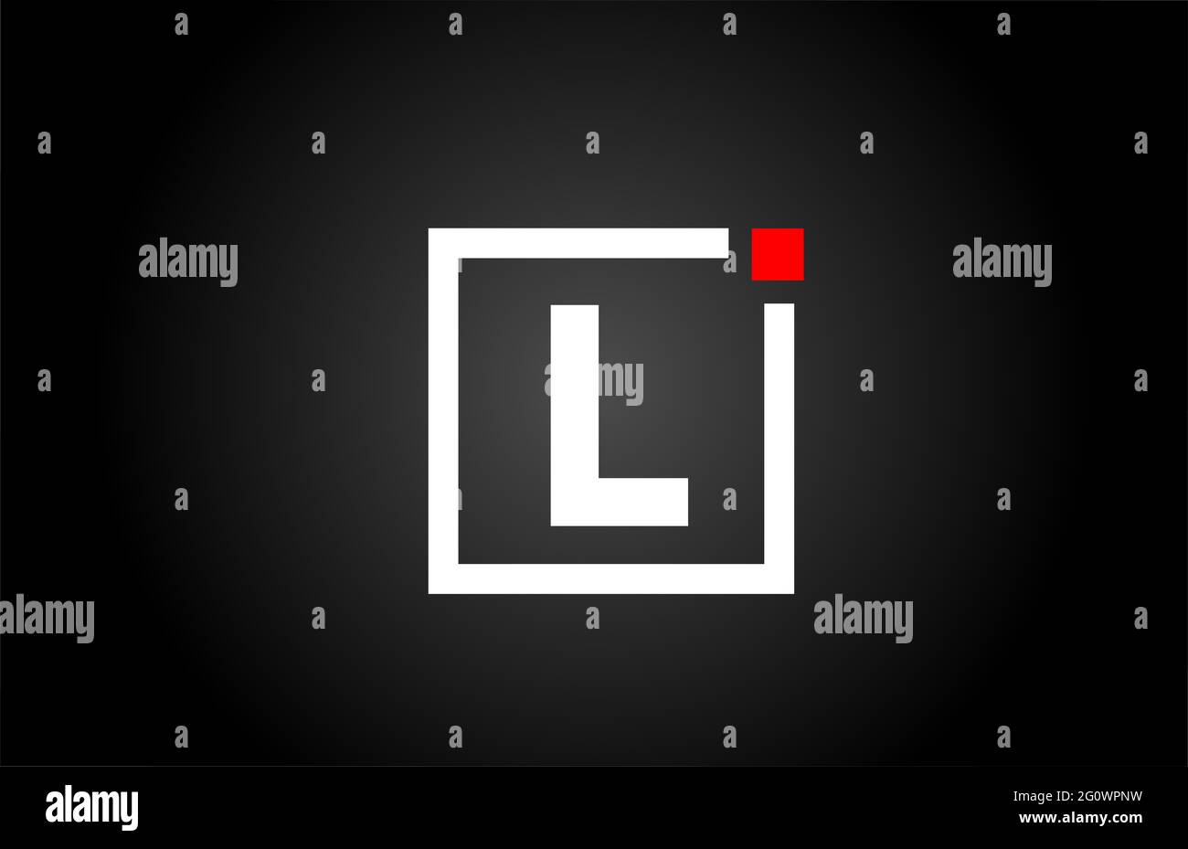 L logo con l'icona della lettera alfabetica in bianco e nero. Design aziendale e aziendale con punto quadrato e rosso. Modello di identità aziendale creativa Foto Stock