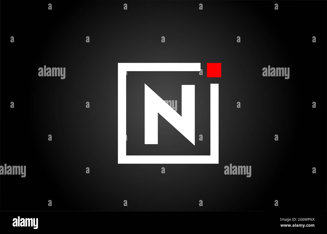 N logo con l'icona della lettera alfabetica in bianco e nero. Design aziendale e aziendale con punto quadrato e rosso. Modello di identità aziendale creativa Foto Stock