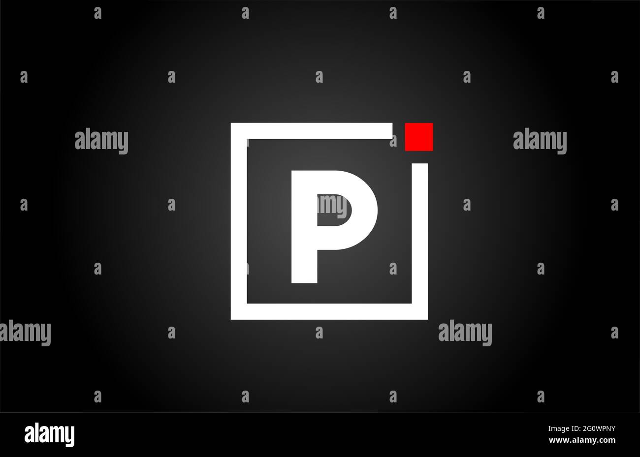 Logo con l'icona della lettera dell'alfabeto P in bianco e nero. Design aziendale e aziendale con punto quadrato e rosso. Modello di identità aziendale creativa Foto Stock