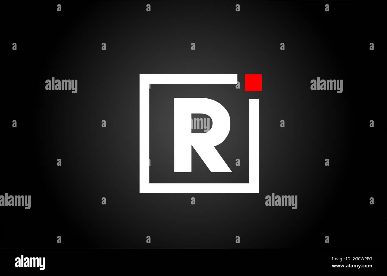 Logo dell'icona lettera R in bianco e nero. Design aziendale e aziendale con punto quadrato e rosso. Modello di identità aziendale creativa Foto Stock