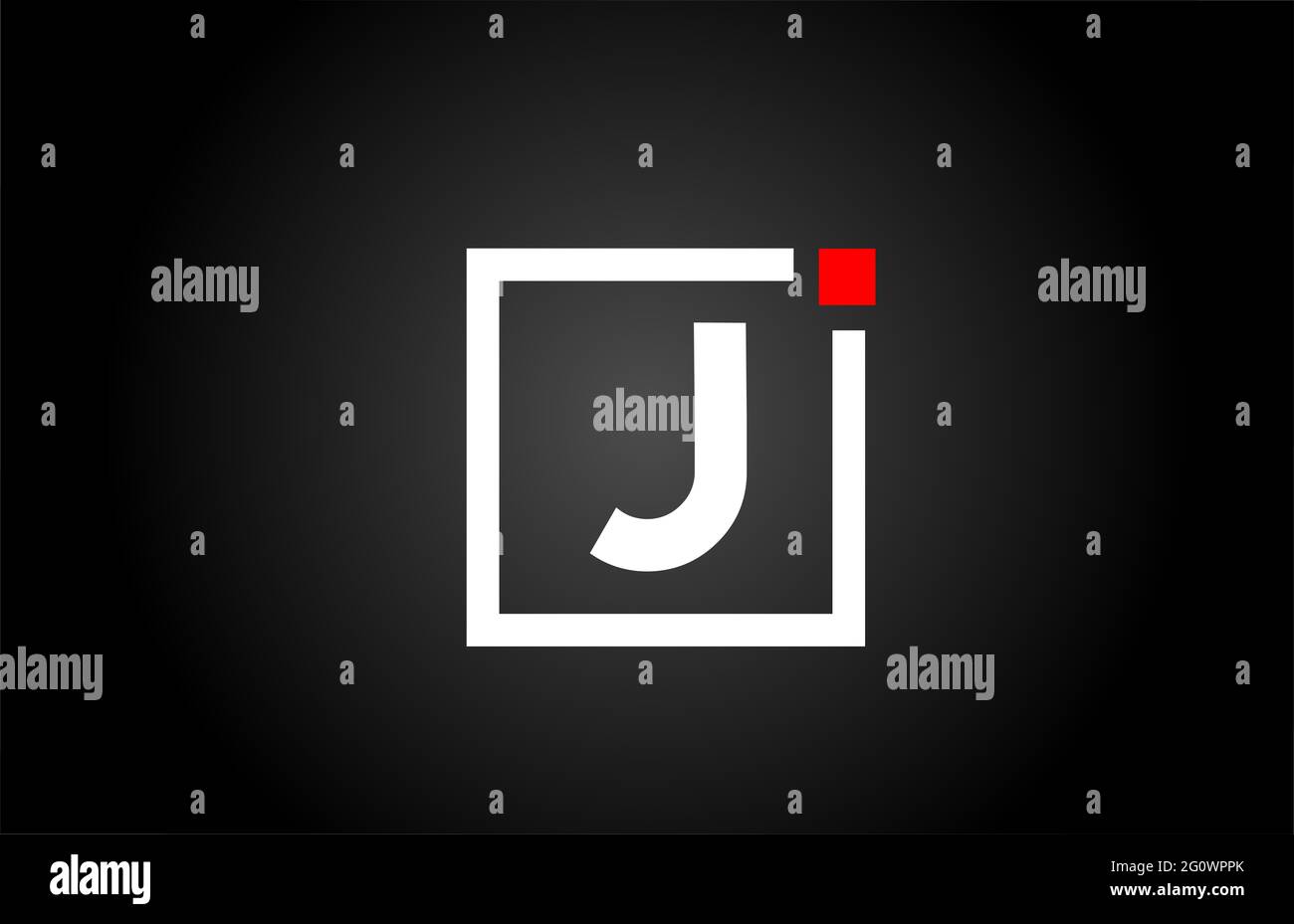 Logo dell'icona lettera J in bianco e nero. Design aziendale e aziendale con punto quadrato e rosso. Modello di identità aziendale creativa Foto Stock
