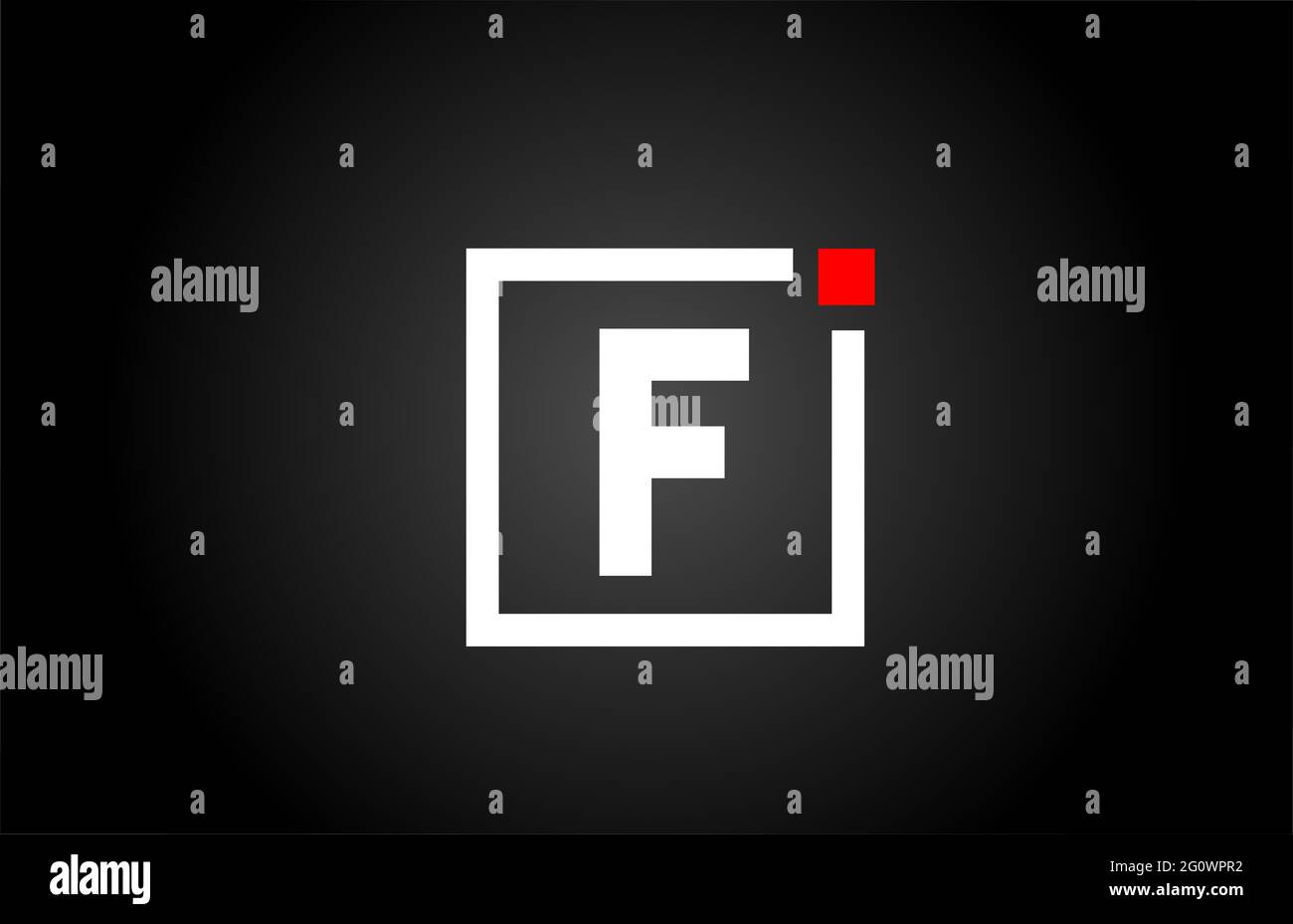 Logo dell'icona lettera dell'alfabeto F in bianco e nero. Design aziendale e aziendale con punto quadrato e rosso. Modello di identità aziendale creativa Foto Stock