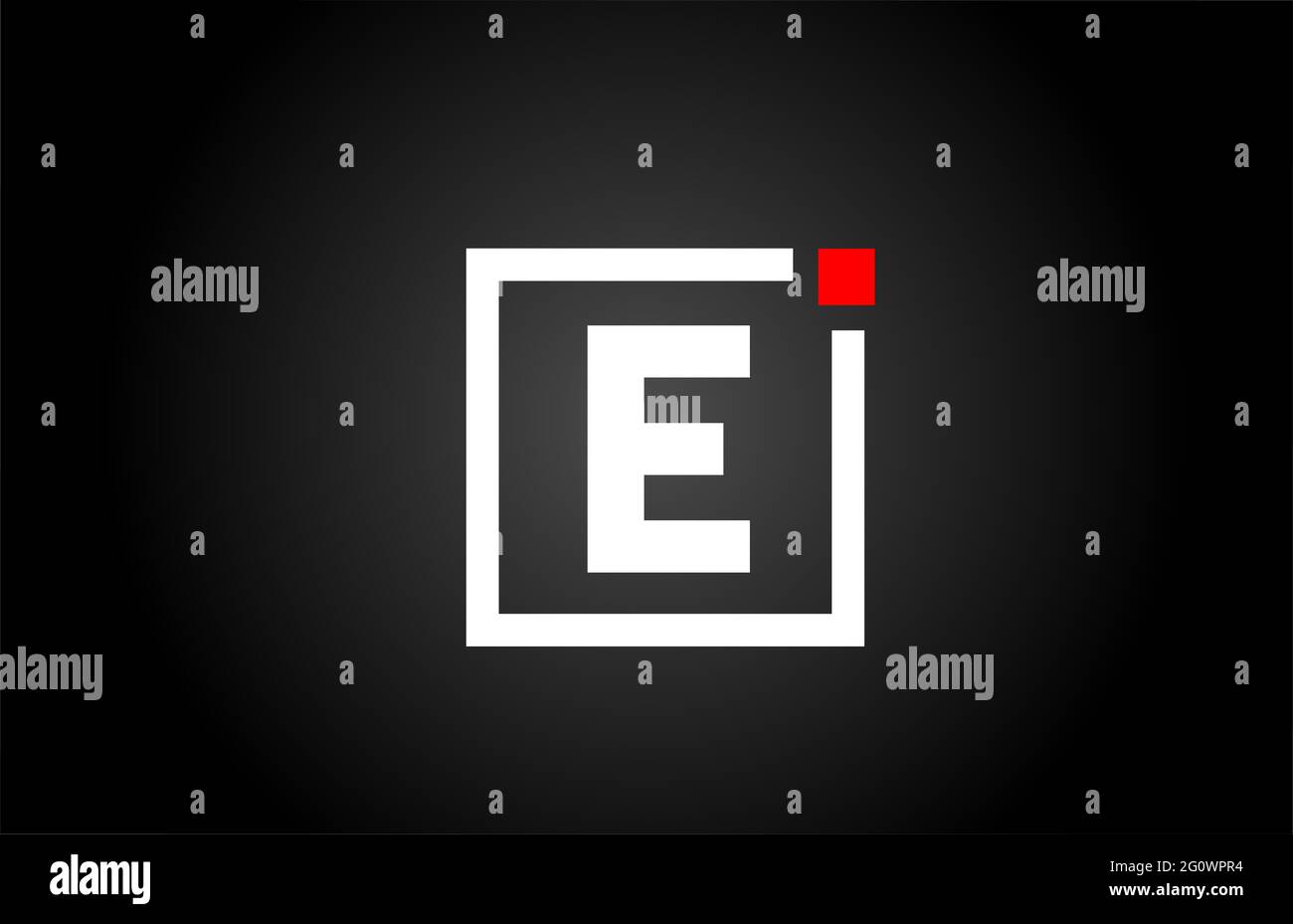 E Logo con l'icona della lettera alfabetica in bianco e nero. Design aziendale e aziendale con punto quadrato e rosso. Modello di identità aziendale creativa Foto Stock