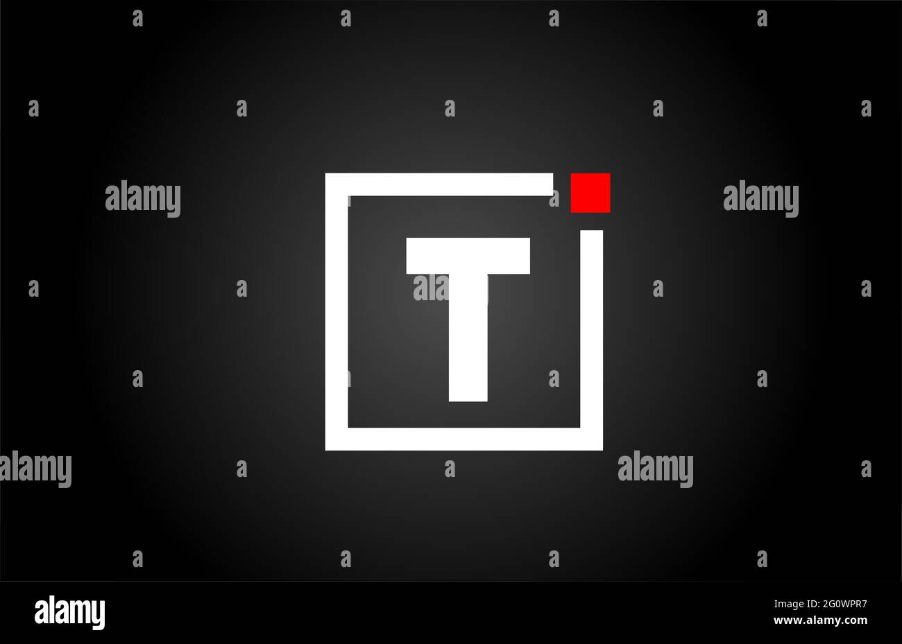 Logo con l'icona lettera dell'alfabeto T in bianco e nero. Design aziendale e aziendale con punto quadrato e rosso. Modello di identità aziendale creativa Foto Stock