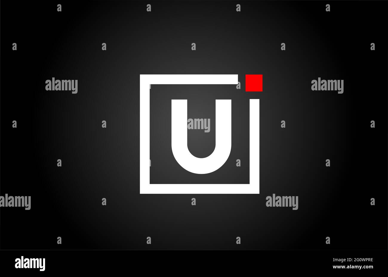 U logo dell'icona della lettera alfabetica in bianco e nero. Design aziendale e aziendale con punto quadrato e rosso. Modello di identità aziendale creativa Foto Stock