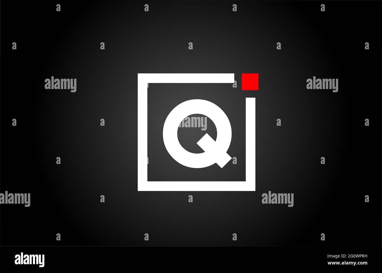 Q Logo con l'icona della lettera alfabetica in bianco e nero. Design aziendale e aziendale con punto quadrato e rosso. Modello di identità aziendale creativa Foto Stock