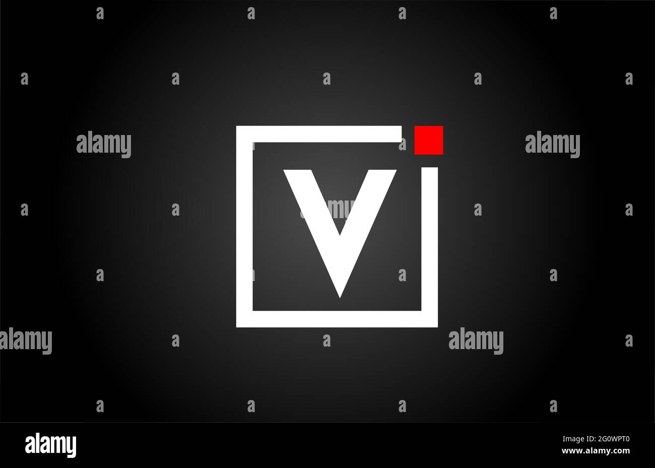 Logo dell'icona con lettera V in bianco e nero. Design aziendale e aziendale con punto quadrato e rosso. Modello di identità aziendale creativa Foto Stock