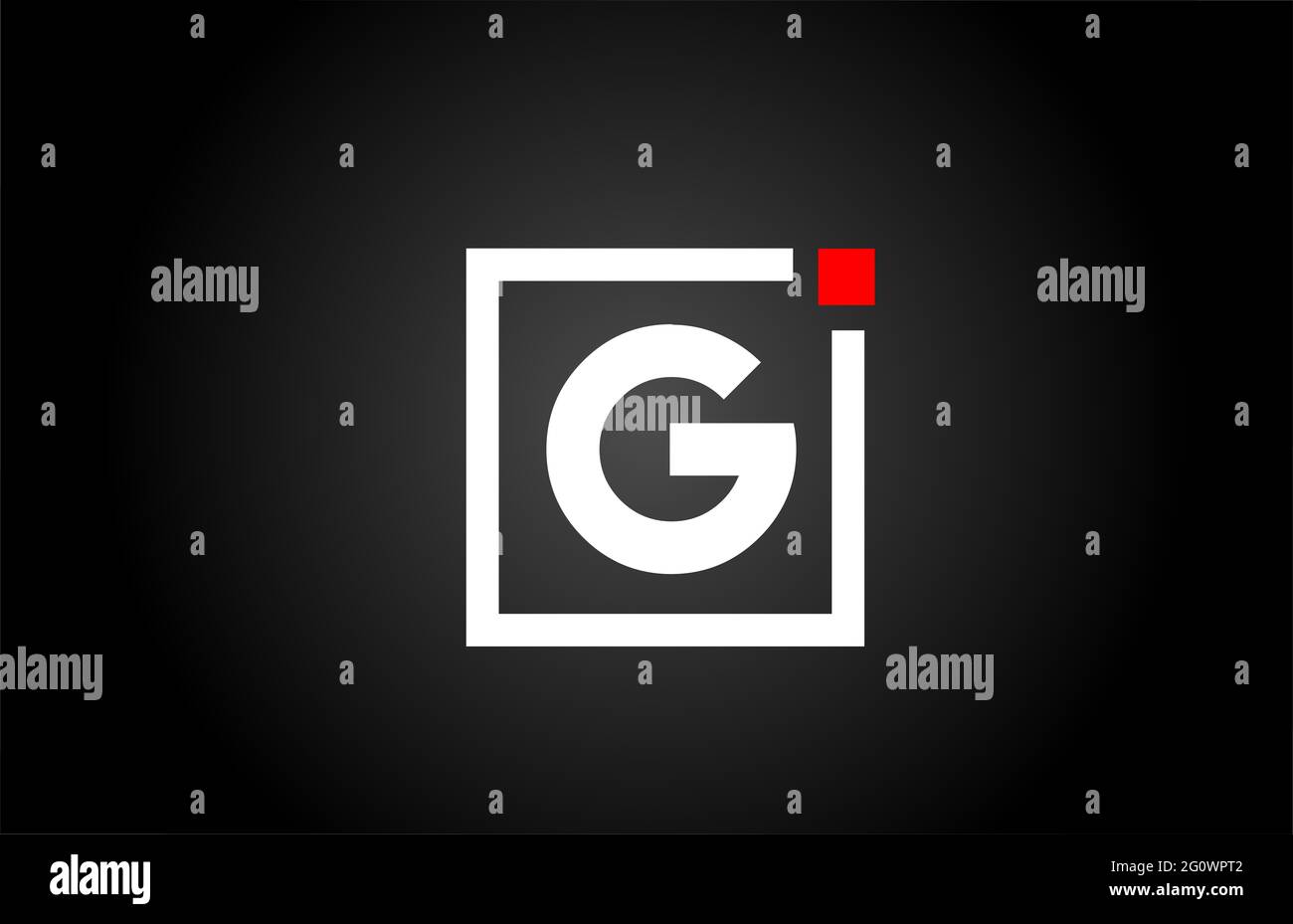 Logo dell'icona lettera dell'alfabeto G in bianco e nero. Design aziendale e aziendale con punto quadrato e rosso. Modello di identità aziendale creativa Foto Stock