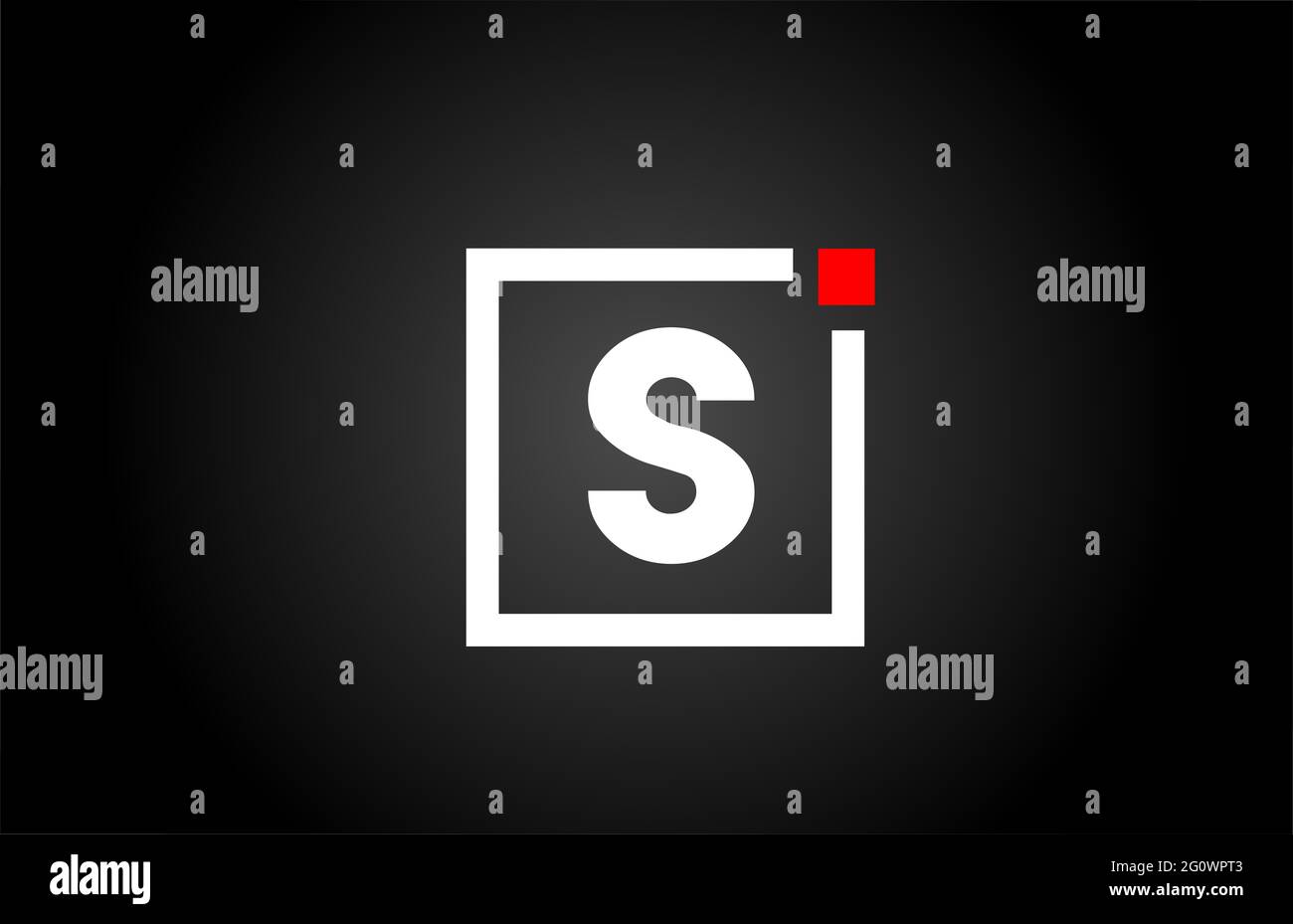 Logo con l'icona della lettera dell'alfabeto S in bianco e nero. Design aziendale e aziendale con punto quadrato e rosso. Modello di identità aziendale creativa Foto Stock