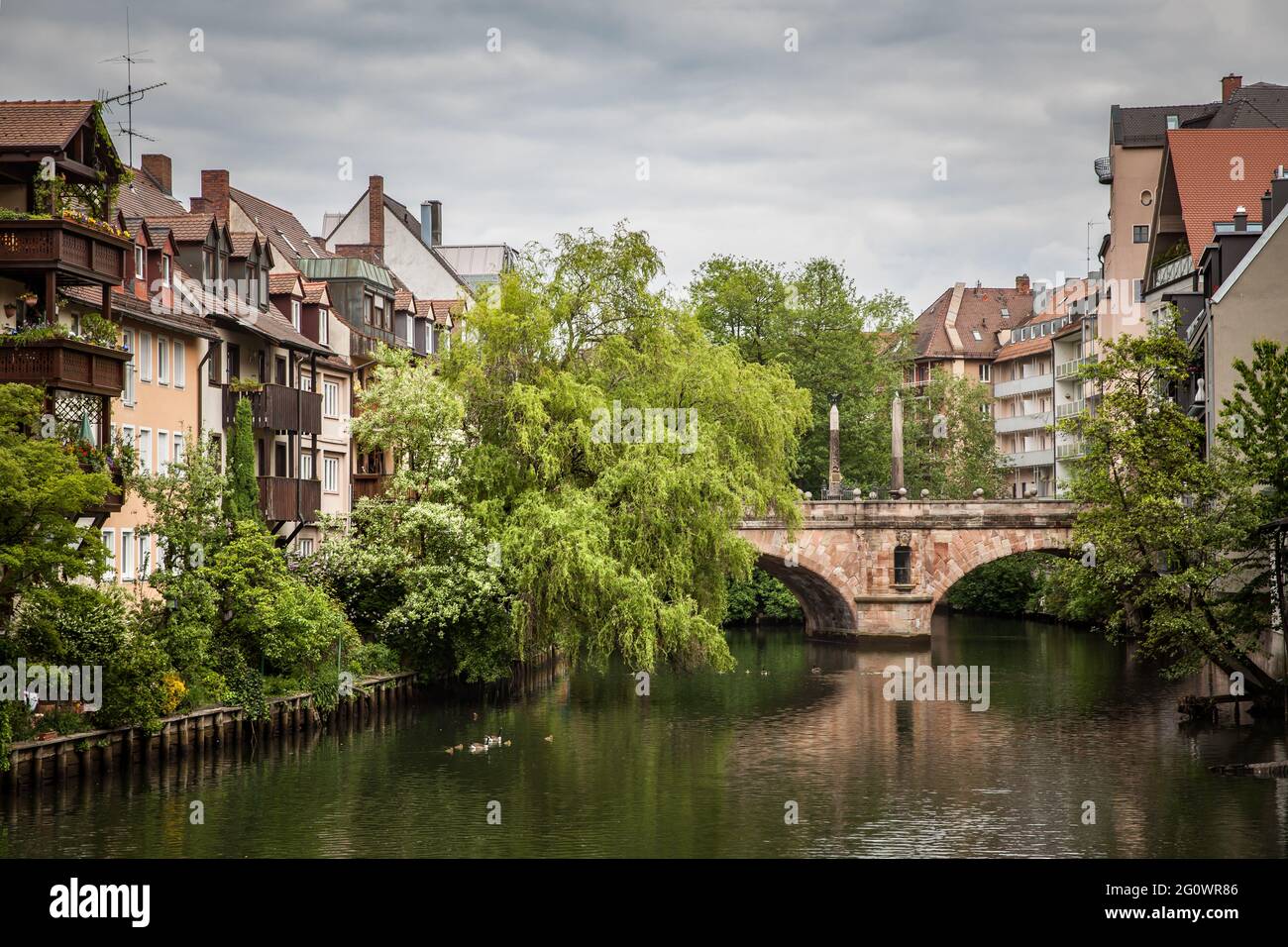 Città vecchia di Norimberga, Germania. Case e alberi sul fiume Pegnitz. Citycape tedesco Foto Stock