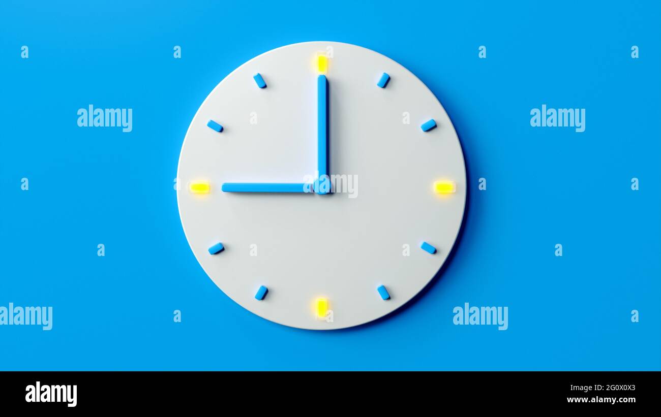 Rendering 3D di un moderno orologio analogico minimalista su sfondo blu pastello che mostra le nove Foto Stock