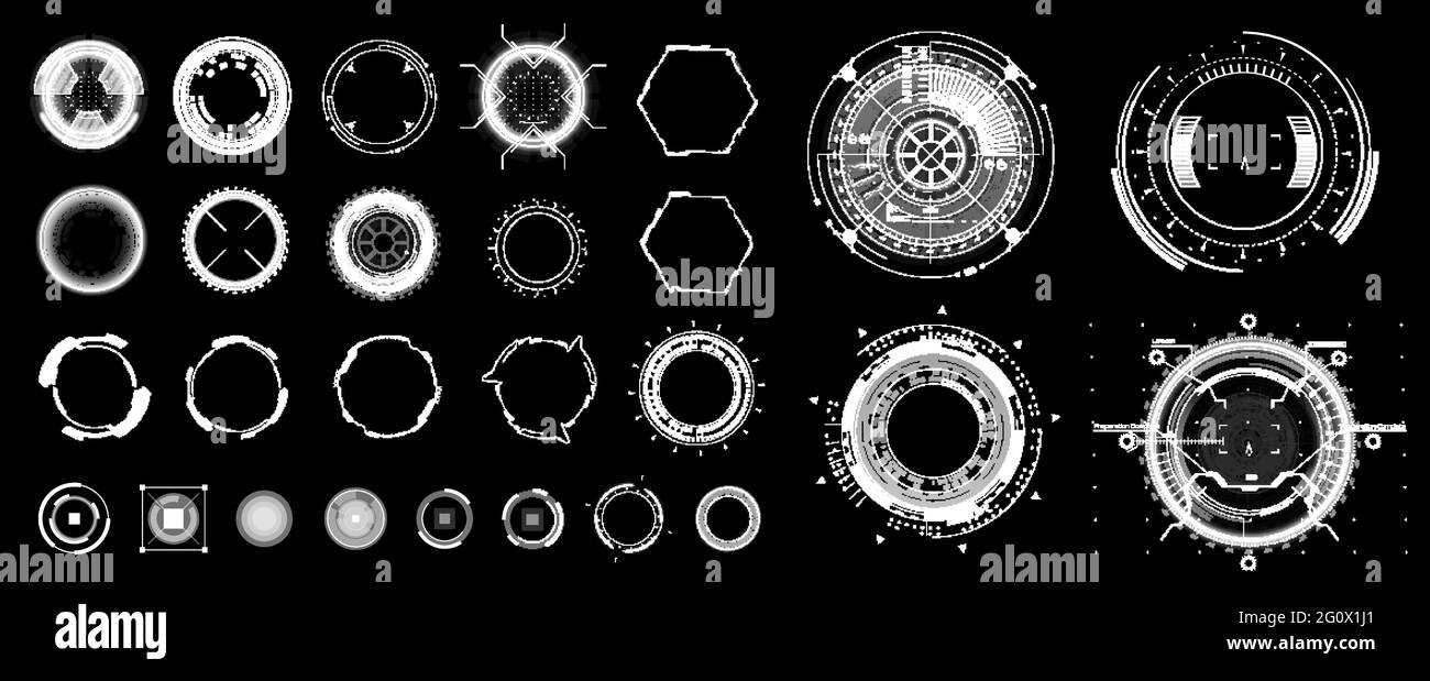 Elementi HUD circolari per UI, UX, GUI. Impostare forme circolari digitali astratte. Oggetti di interfaccia Sky-fi, gadget VR ologrammi rotondi, spirali e altro Illustrazione Vettoriale