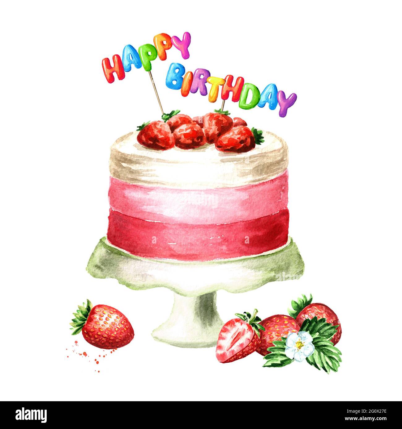 Torta con la scritta Happy Birthday su un bastone. Immagine disegnata a  mano con acquerello isolata su sfondo bianco Foto stock - Alamy