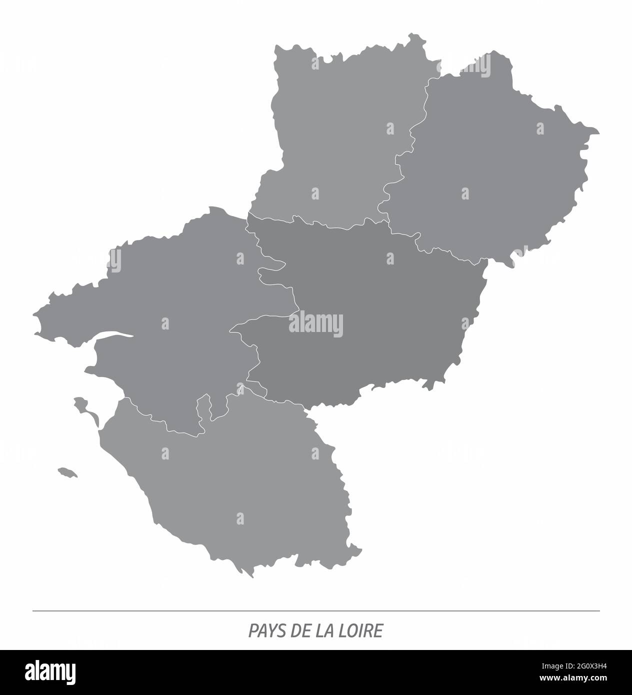 Pays de la Loire mappa amministrativa divisa in scala di grigi e isolato su sfondo bianco, Francia Illustrazione Vettoriale