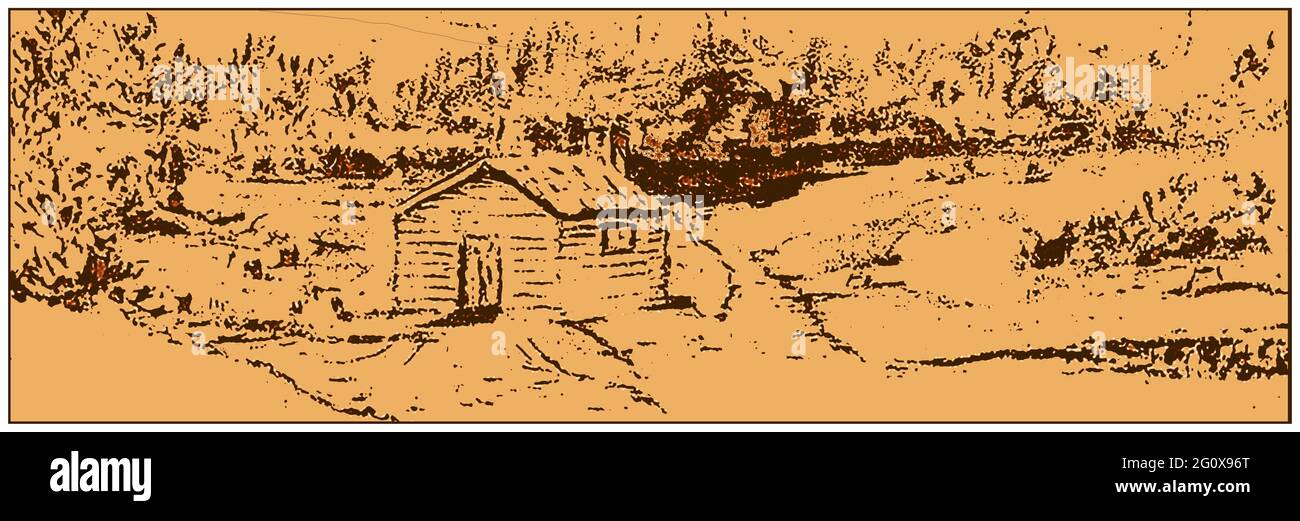 Un raro schizzo della prima casa scolastica costruita in Iowa, Stati Uniti costruita nel 1833 (a Burlington era conosciuto precedentemente come Flint Hill o Rock Hill o Shoquokon (Shok-ko-kon) in lingua indiana dei nativi americani SAC e Fox, Flint o Rock Hill. Si dice che abbia ottenuto il suo nome di Burlington attraverso un concorso (o concorso a premi) vinto da un uomo di nome John Grey che ha suggerito di chiamarlo dopo la sua città natale a Burlington, Vermont . Ha ricevuto un premio di 50 dollari per il suggerimento. Altri record dichiarano che Grey ha comprato il primo lotto nella nuova città ed è stato dato il privilegio di denominarlo. Foto Stock