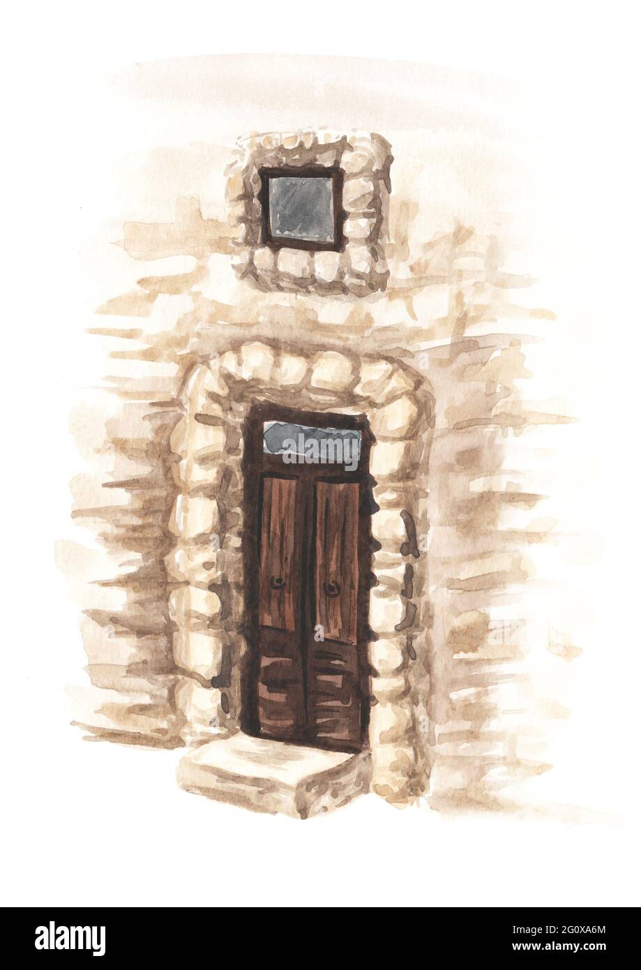 Porta di legno in un vecchio muro di pietra. Illustrazione di acquerello disegnata a mano isolata su sfondo bianco Foto Stock