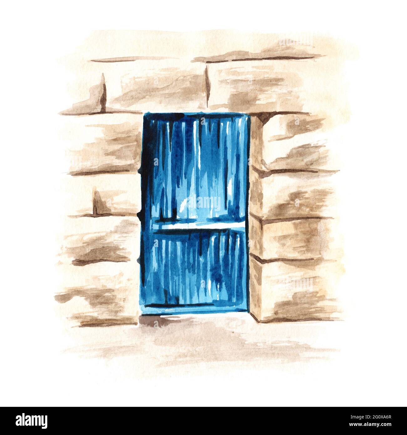 Porta blu in legno in un vecchio muro di pietra. Illustrazione di acquerello disegnata a mano isolata su sfondo bianco Foto Stock