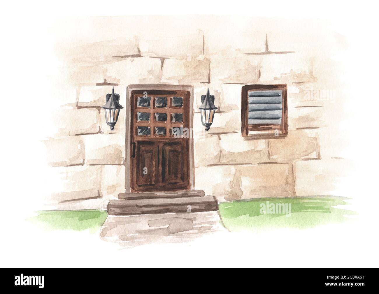 Porta d'ingresso in legno in una casa rurale in pietra. Illustrazione di acquerello disegnata a mano isolata su sfondo bianco Foto Stock