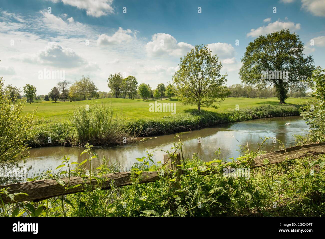 Paesaggio, recinzione, fiume Wey e campo da golf Wisley nel luminoso sole di primavera Surrey Foto Stock