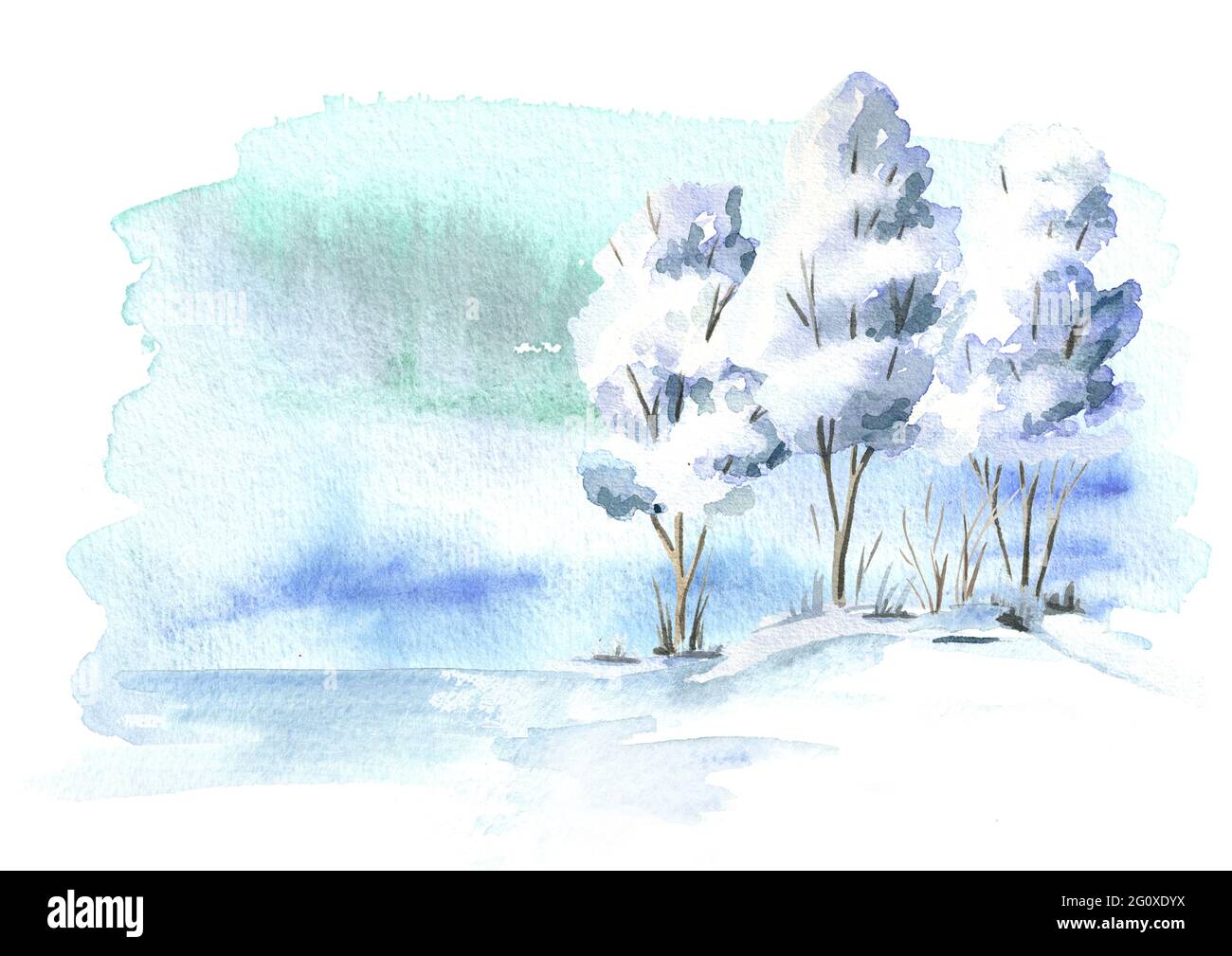 Sfondo invernale, paesaggio con albero. Illustrazione disegnata a mano con acquerello Foto Stock